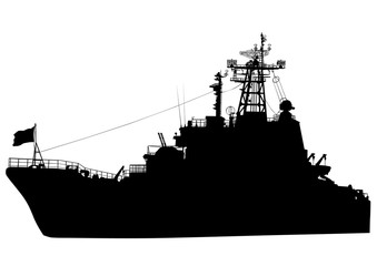 Silhouette of a large warship on a white background