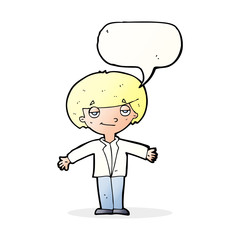 cartoon smug boy with speech bubble