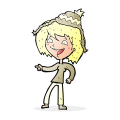 cartoon woman laughing and pointing with speech bubble