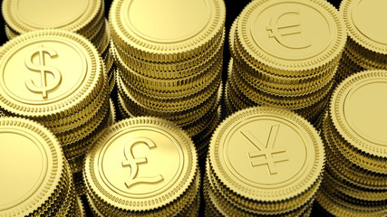 Stacks of golden coins with various currency symbols background