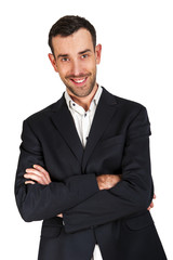 Business man with crossed arms smiling, isolated over white back