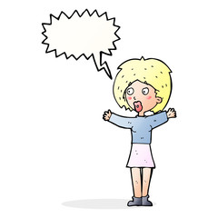 cartoon worried woman with speech bubble