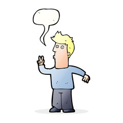 cartoon man giving peace sign with speech bubble