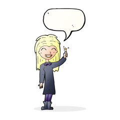 cartoon friendly witch girl with speech bubble