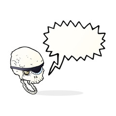 cartoon spooky skull with eye patch with speech bubble