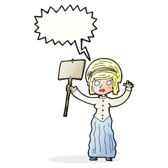 cartoon vicorian woman protesting with speech bubble