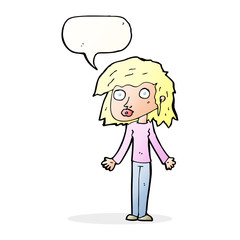 cartoon girl shrugging shoulders with speech bubble