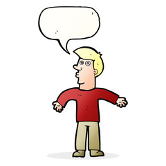 cartoon man shrugging shoulders with speech bubble
