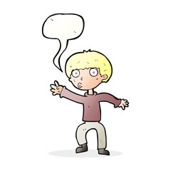 cartoon boy waving warning with speech bubble