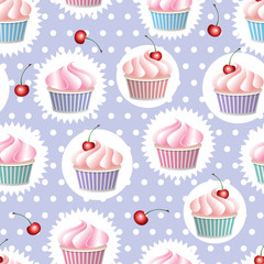 Colorful vector seamless pattern with cupcakes and cherry in polka dot background. Colorful vector seamless pattern in retro style.