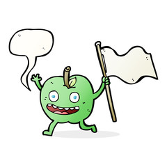 cartoon apple with flag with speech bubble