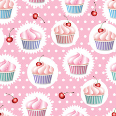 Colorful vector seamless pattern with cupcakes and cherry in polka dot background. Colorful vector seamless pattern in retro style.