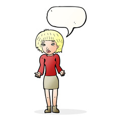 cartoon woman shrugging shoulders with speech bubble
