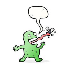 cartoon frog catching fly with speech bubble