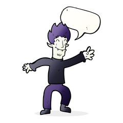 cartoon happy vampire man with speech bubble