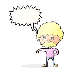 cartoon man with mustache making camp gesture with speech bubble