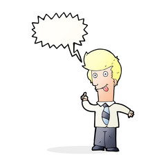 cartoon office man with crazy idea with speech bubble