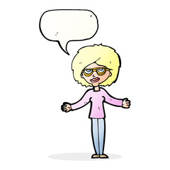 cartoon woman wearing spectacles with speech bubble