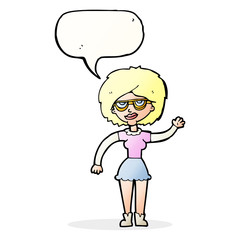 cartoon waving woman wearing spectacles with speech bubble