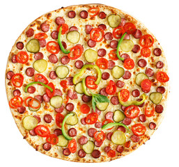 Overhead view of delicious pizza isolated on white