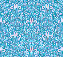 Fototapeta na wymiar Damask seamless pattern repeating background. Pink blue floral ornament in baroque style.