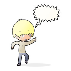 cartoon worried boy pointing with speech bubble