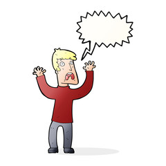 cartoon frightened man with speech bubble