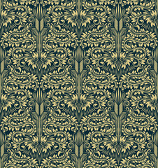 Damask seamless pattern repeating background. Greenish floral ornament in baroque style.