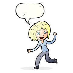 cartoon happy waving girl with speech bubble
