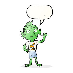 Fototapeta premium cartoon waving fish boy with speech bubble