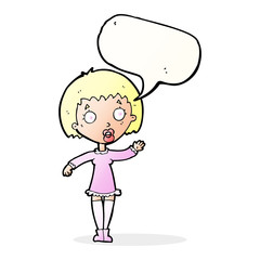 cartoon waving woman with speech bubble
