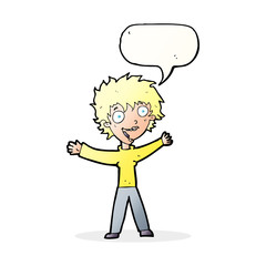 cartoon excited woman with speech bubble