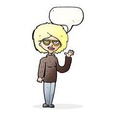 cartoon woman waving with speech bubble