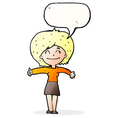cartoon woman giving thumbs up sign with speech bubble