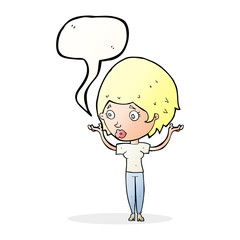 cartoon woman raising hands in air with speech bubble