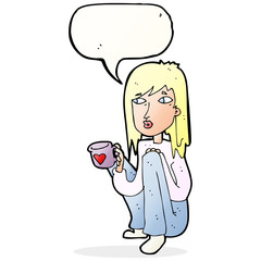 cartoon woman sitting with cup of coffee with speech bubble