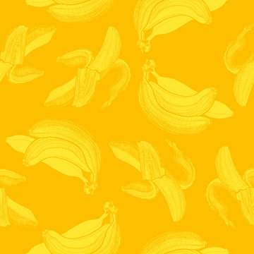 Bananas engraving drawing. Seamless wallpaper pattern.