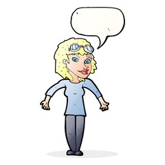 cartoon woman wearing goggles with speech bubble