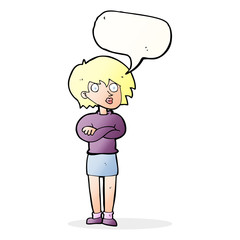 cartoon woman wit crossed arms with speech bubble