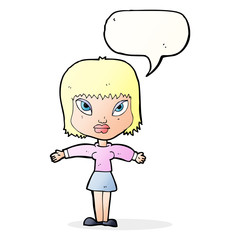 cartoon woman with outstretched arms with speech bubble