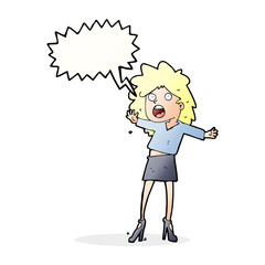 cartoon woman having trouble walking in heels with speech bubble