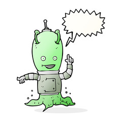 cartoon alien spaceman with speech bubble