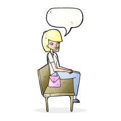 cartoon woman sitting on bench with speech bubble