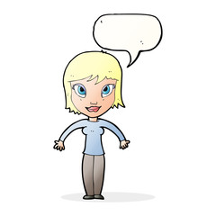 cartoon woman shrugging shoulders with speech bubble