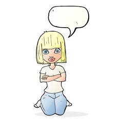 cartoon woman kneeling with speech bubble