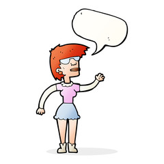 cartoon woman in spectacles waving with speech bubble