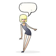 cartoon woman in dress leaning with speech bubble