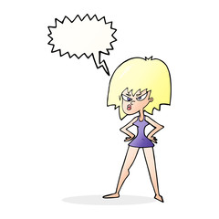 cartoon angry woman in dress with speech bubble