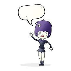 cartoon waving vampire girl with speech bubble