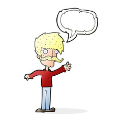 cartoon waving mustache man with speech bubble